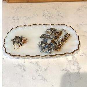 vintage Anchor Hocking Fire King milk glass snack plate gold rim scalloped edges